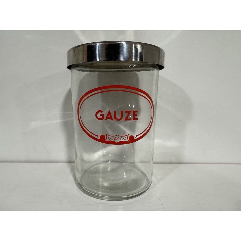 Vintage GLASCO Glass GAUZE Jar Apothecary Medical Canister Stainless Steel Lid